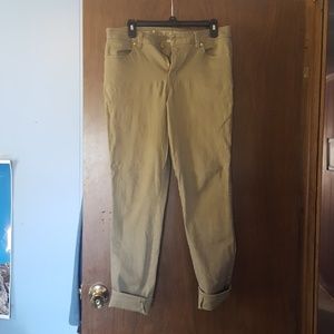Skinny olive colored stretchy jeans